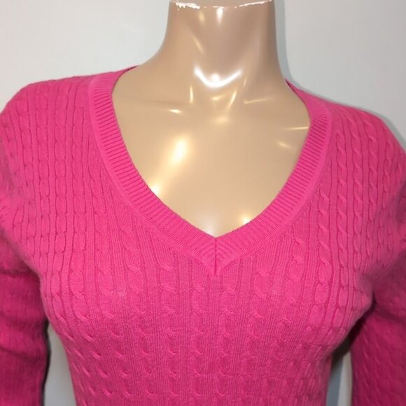 Tommy Hilfiger Pima Cotton Cable Knit Sweater Barbie Pink Vneck Pullover - Picture 2 of 11